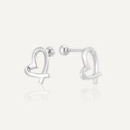 silver-finish 925 silver ribbon-heart ball-back earrings front and side view