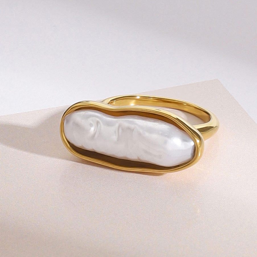 Front view of irregular white inlay open ring