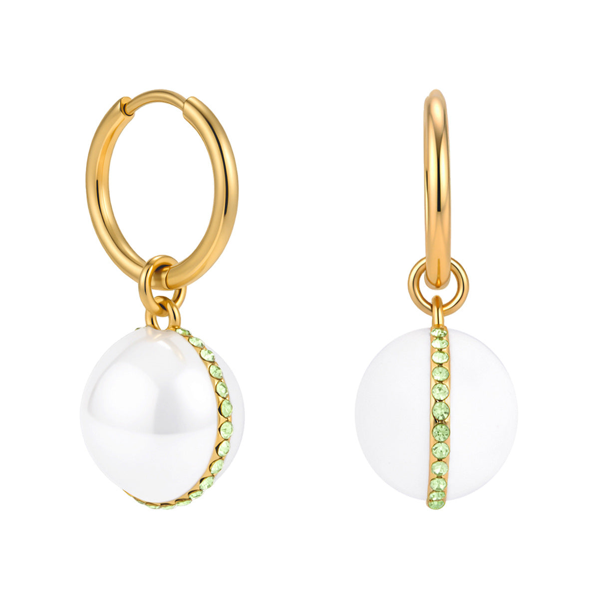 White ball earrings with green accent stripe