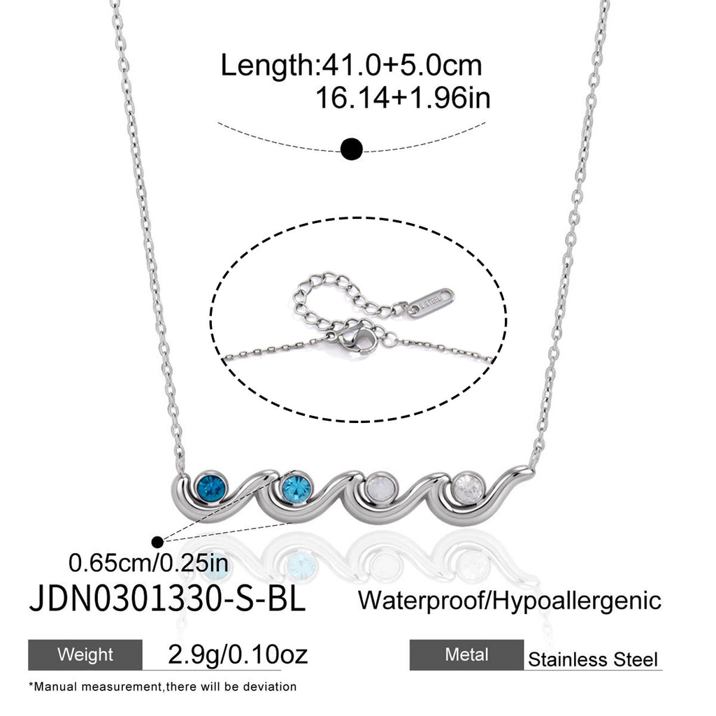 Silver tone blue and clear stone wave necklace measurement diagram