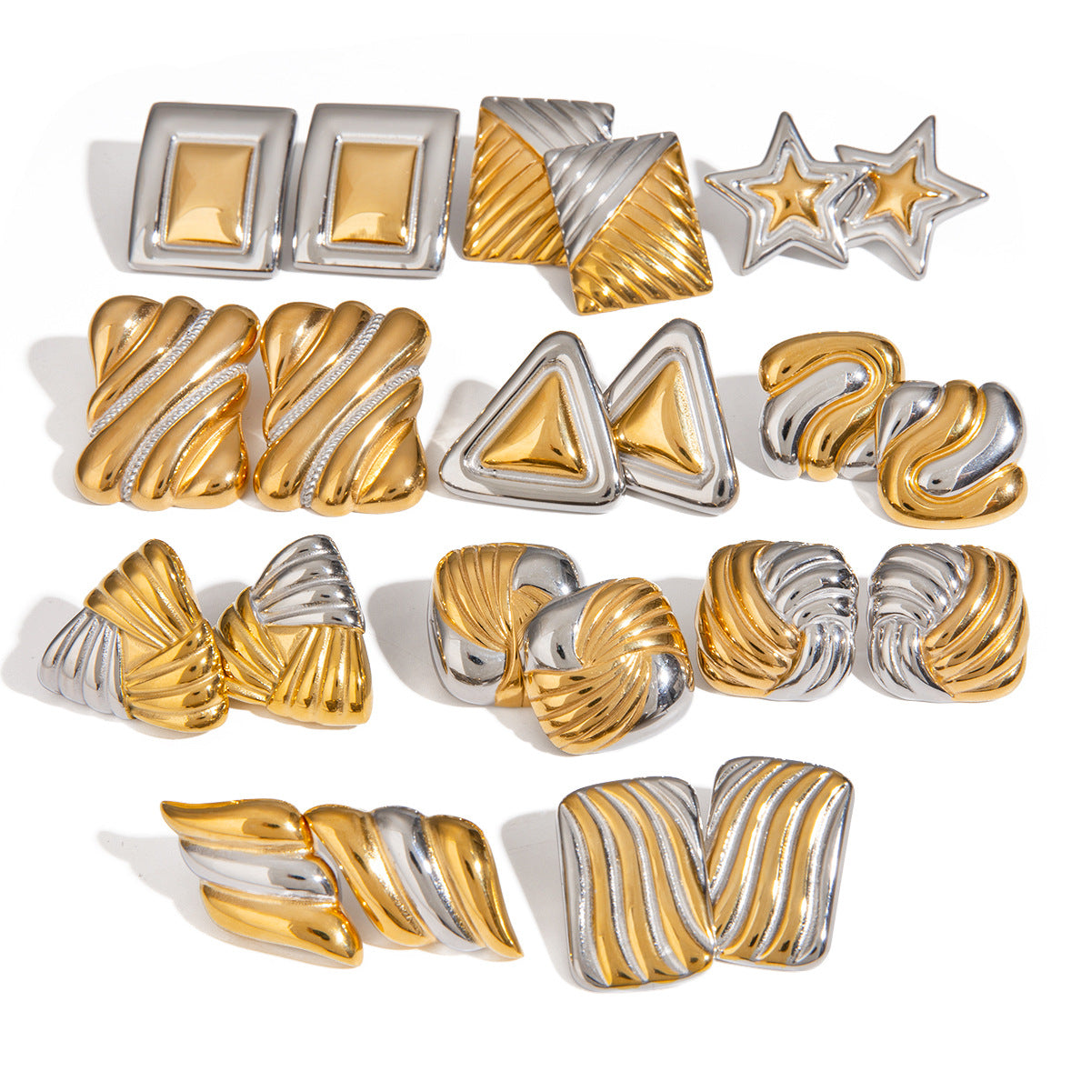 Geometric earring assortment showing star, triangle and textured styles