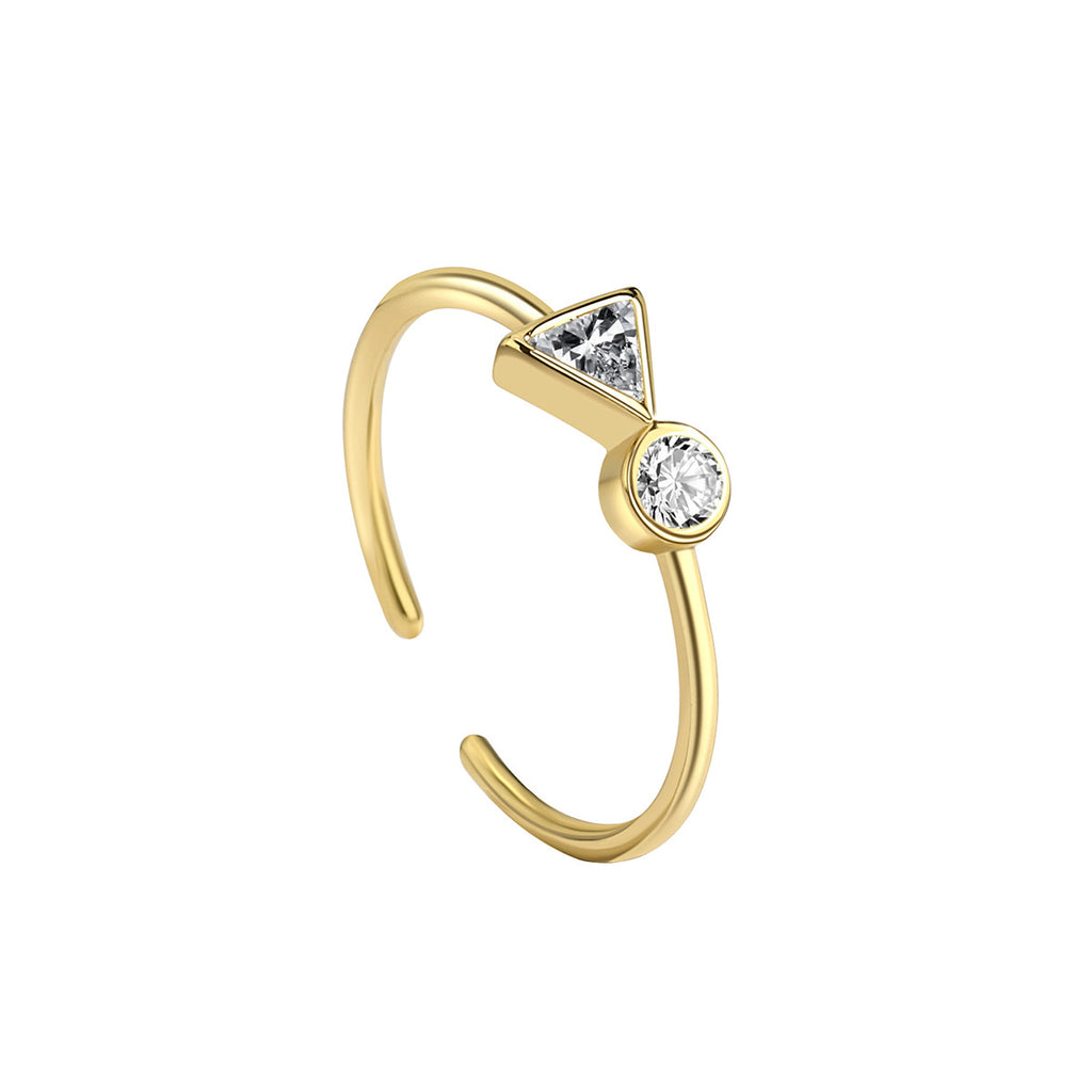 isolated angled view of the gold plated geometric zirconia ring