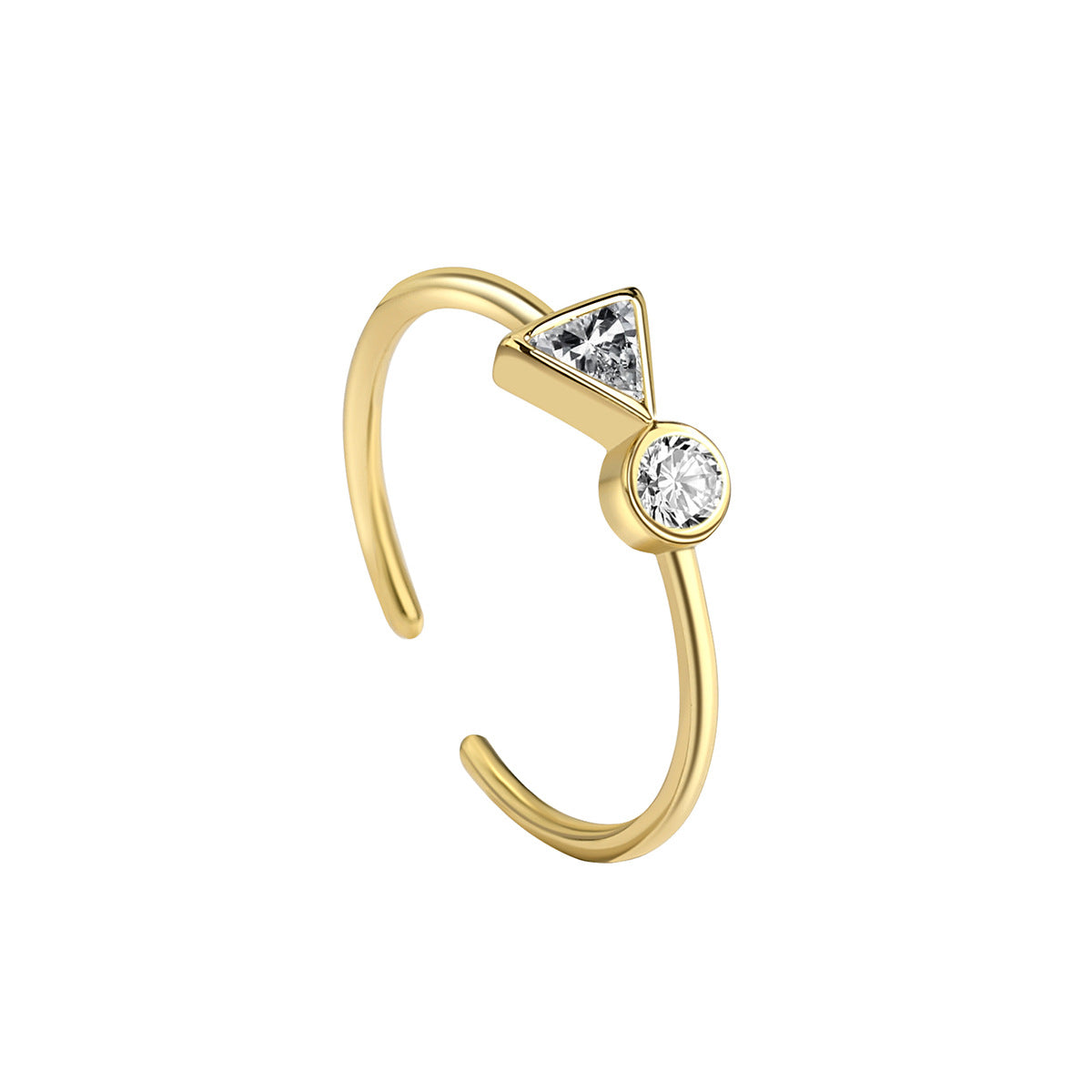 isolated angled view of the gold plated geometric zirconia ring