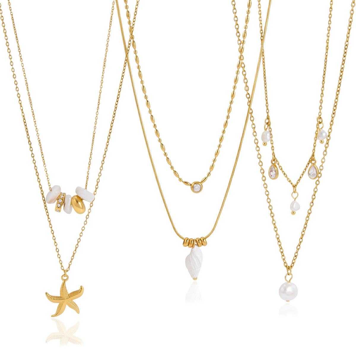 Full view of shell starfish and pearl-look layered necklaces