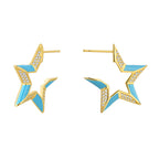 front and back views of gold plated open star stud earrings
