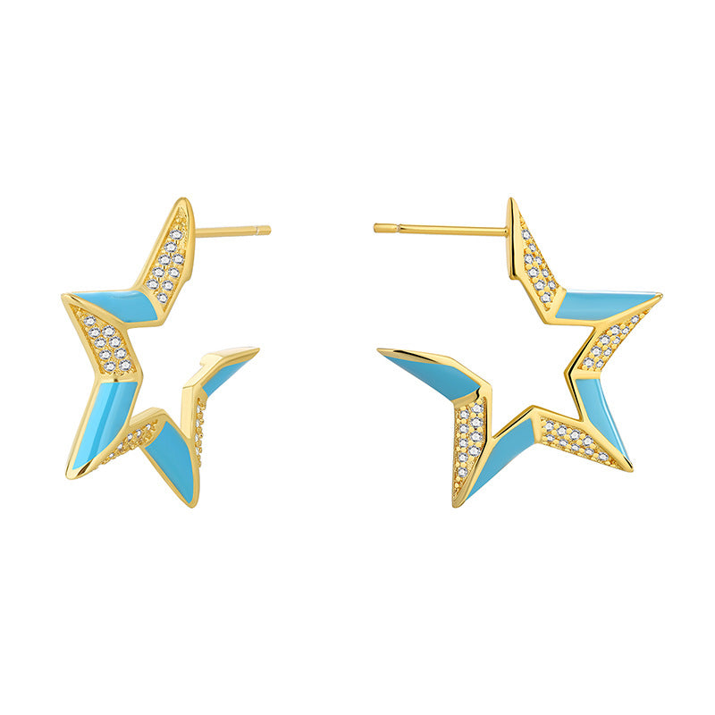 front and back views of gold plated open star stud earrings