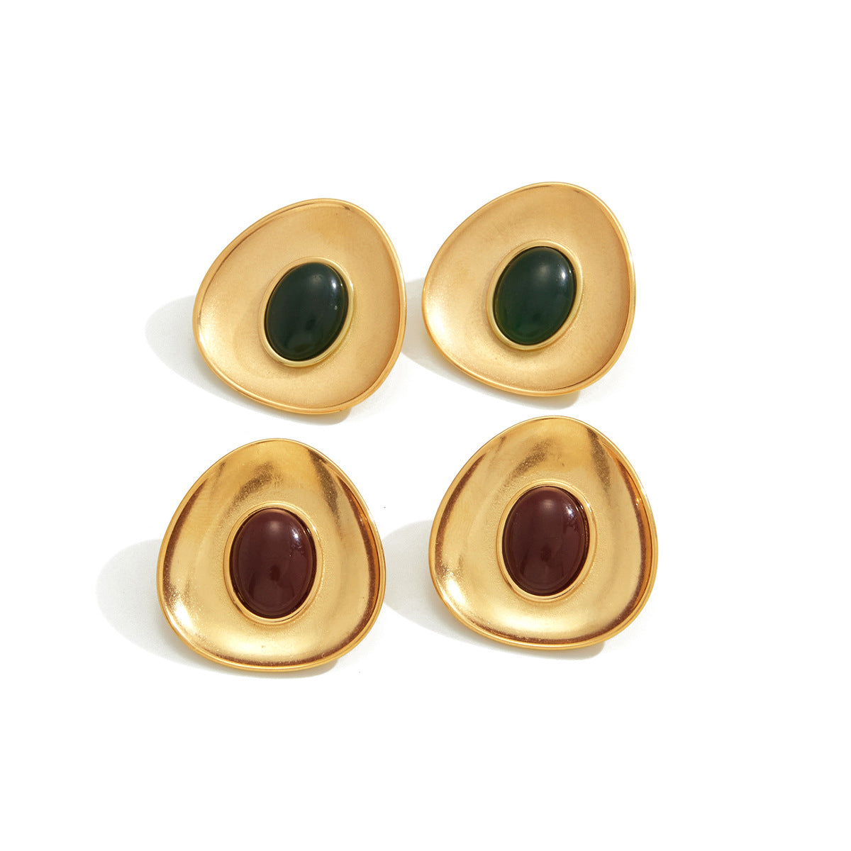isolated burgundy and green oval resin cabochon stud earrings