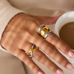 Two-Tone Sculptural Stainless Steel Ring Collection shown on model
