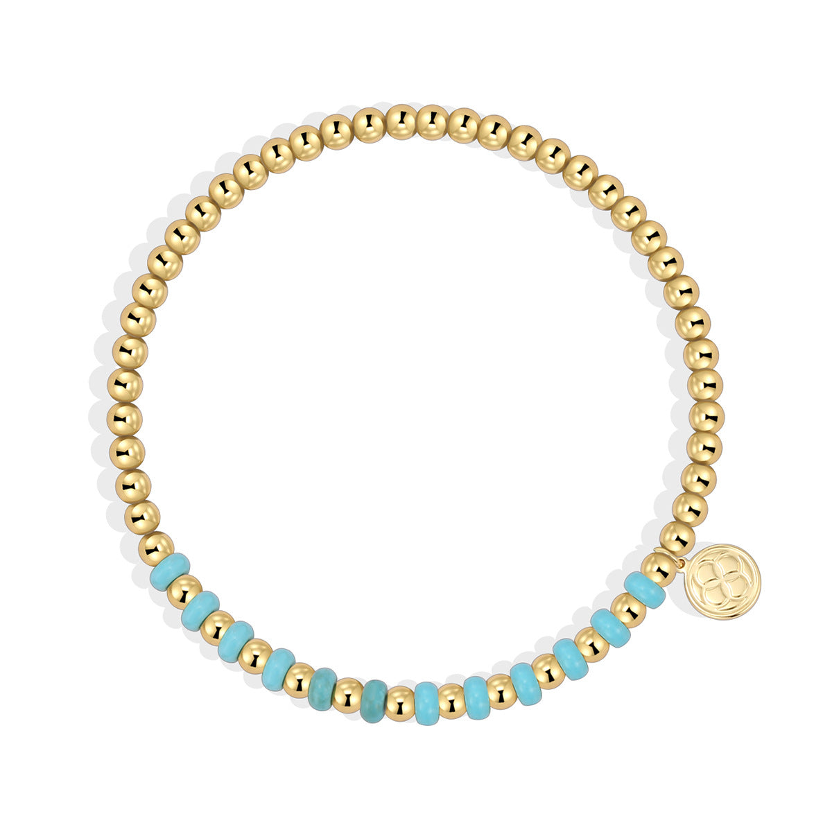 isolated gold plated bead bracelet with centered blue accent section