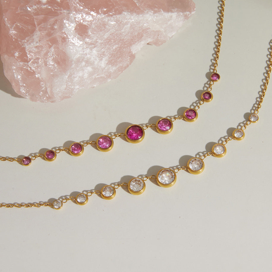 Pink and clear graduated bezel necklaces side by side