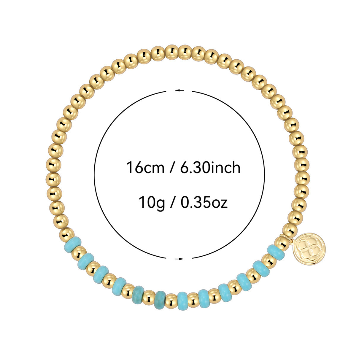 round bead bracelet with supplier-listed 16 cm size and 10 g weight