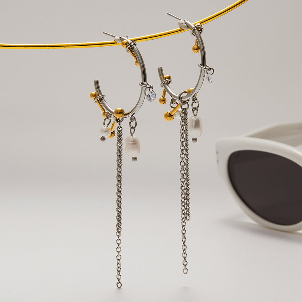 Two-Tone Pearl-Look Tassel Stainless Steel Hoop Earrings – flat-lay view