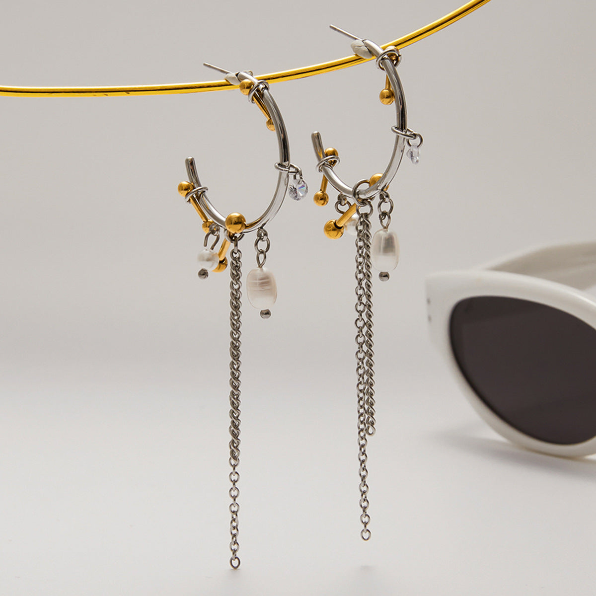 Two-Tone Pearl-Look Tassel Stainless Steel Hoop Earrings – flat-lay view