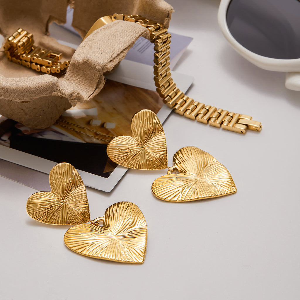 Wholesale Gold-Tone Stainless Steel Double Heart Drop Earrings - side profile
