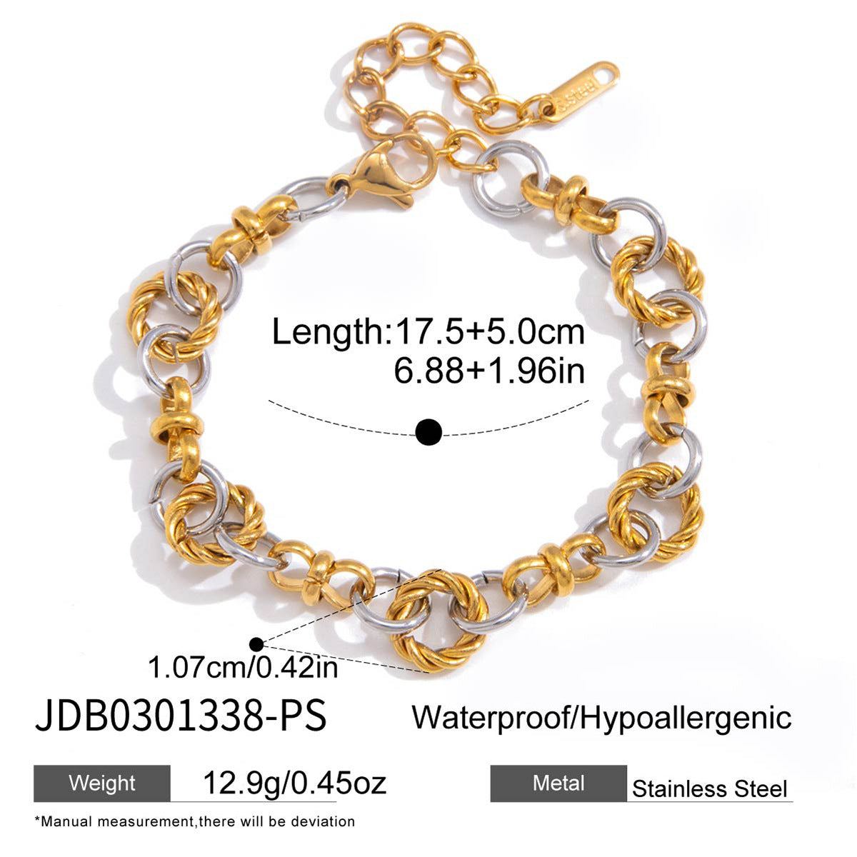 Two-tone twisted link bracelet with clasp and measurements