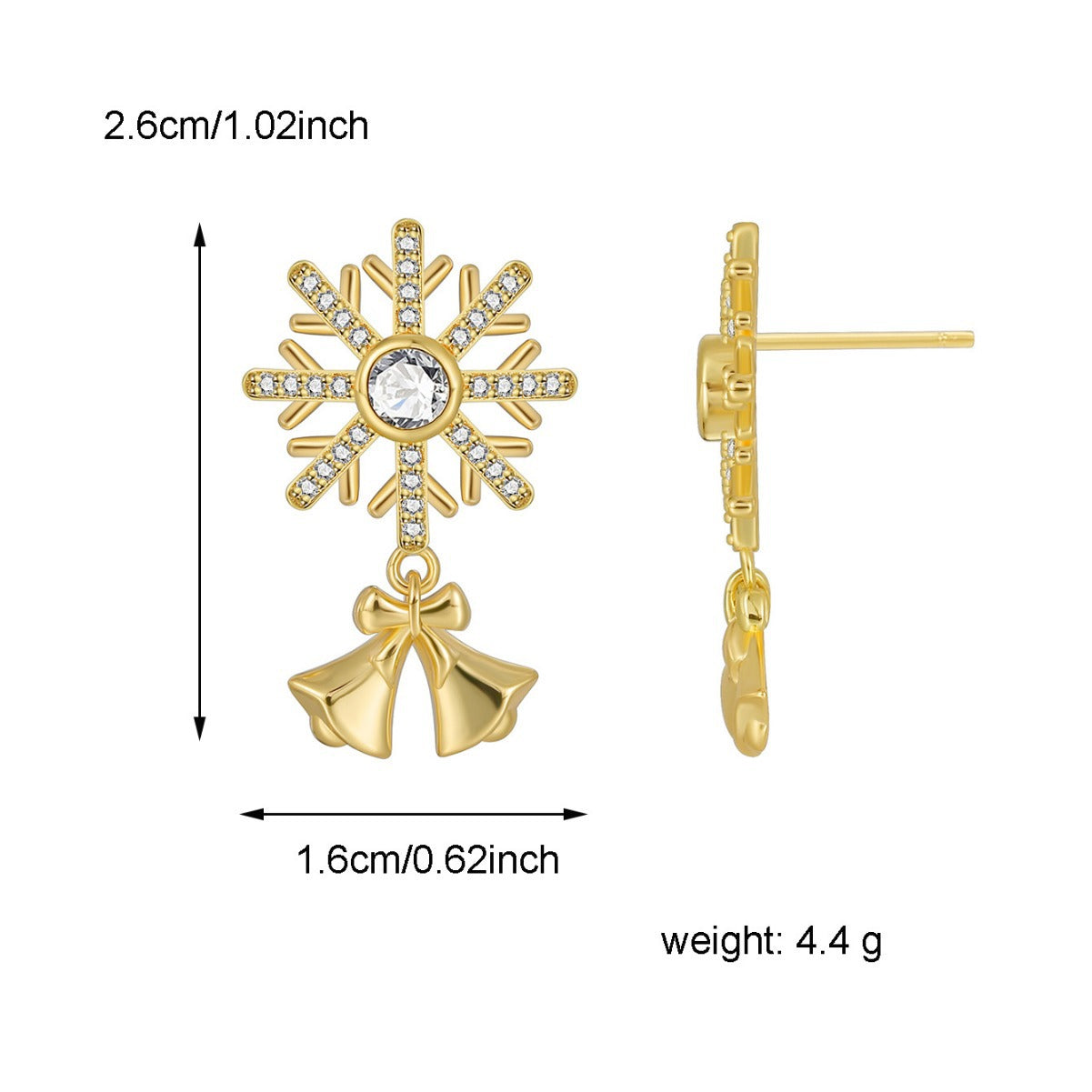 Snowflake bell earring size diagram showing 26 by 16 mm