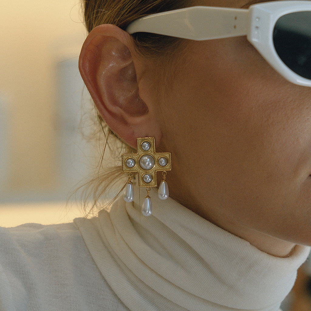 Gold-Tone Pearl-Look Cross Stainless Steel Drop Earrings shown on model