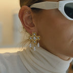 Gold-Tone Pearl-Look Cross Stainless Steel Drop Earrings shown on model