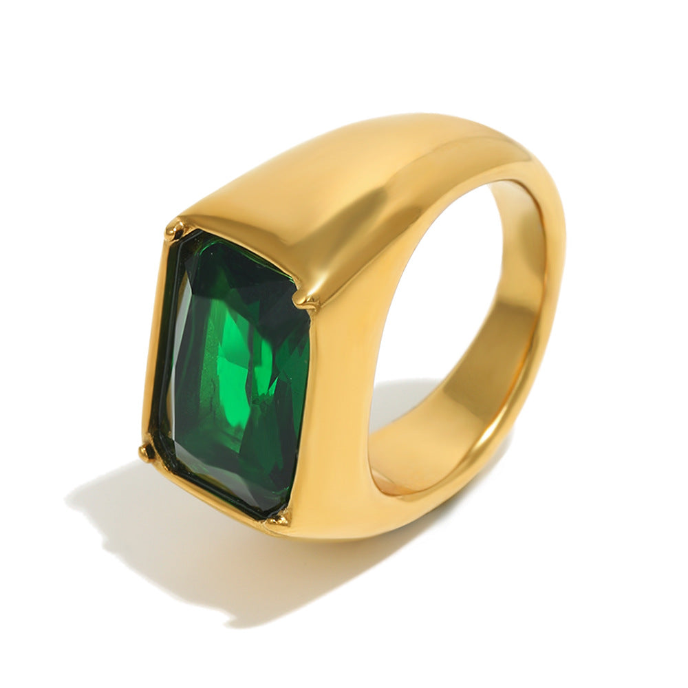 gold plated signet ring with emerald-green rectangular stone