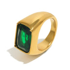 gold plated signet ring with emerald-green rectangular stone