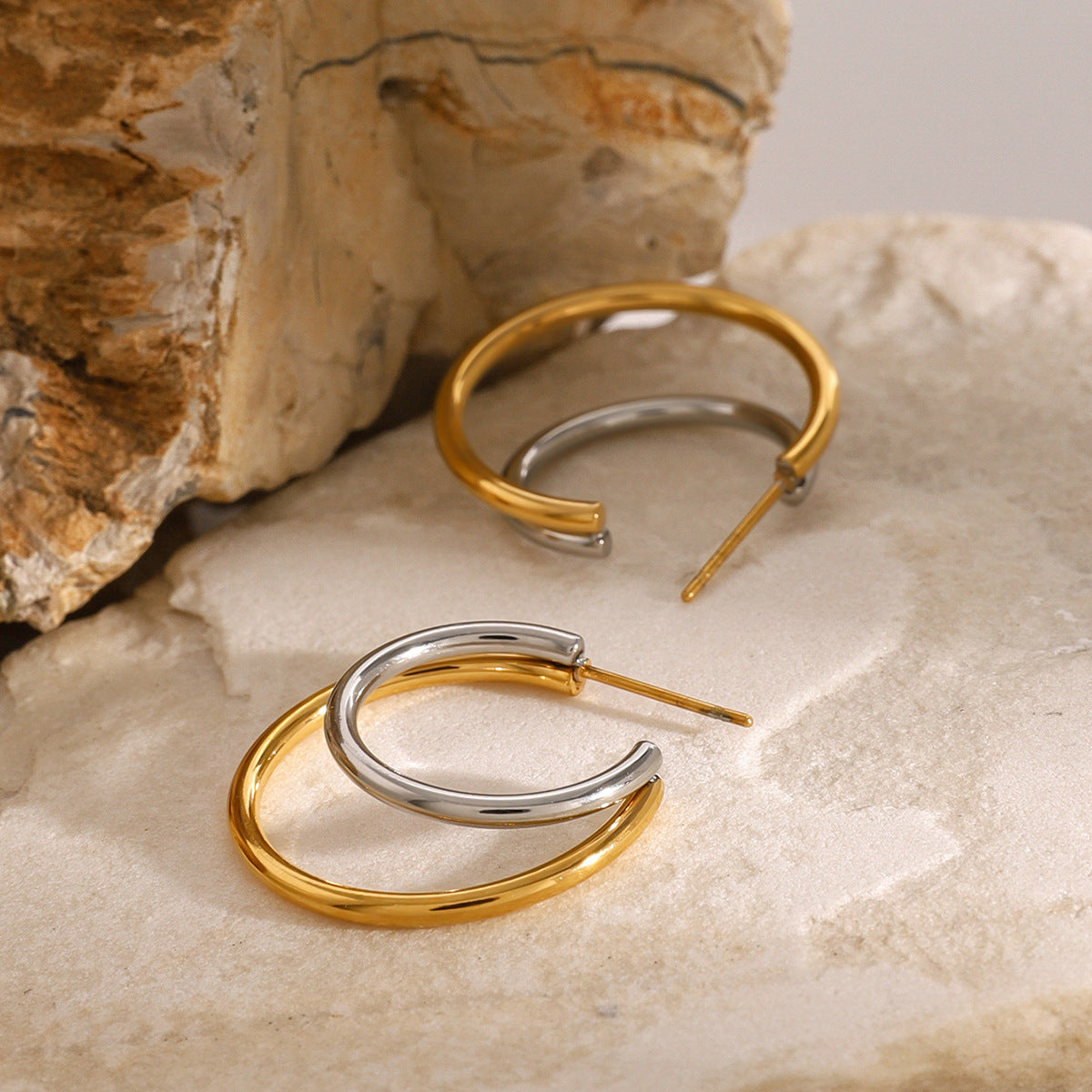 Two-Tone Open Stainless Steel Hoop Earrings – product view 1