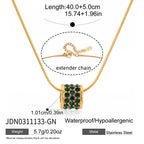 Rectangular green accent stainless steel pendant necklace with extender
