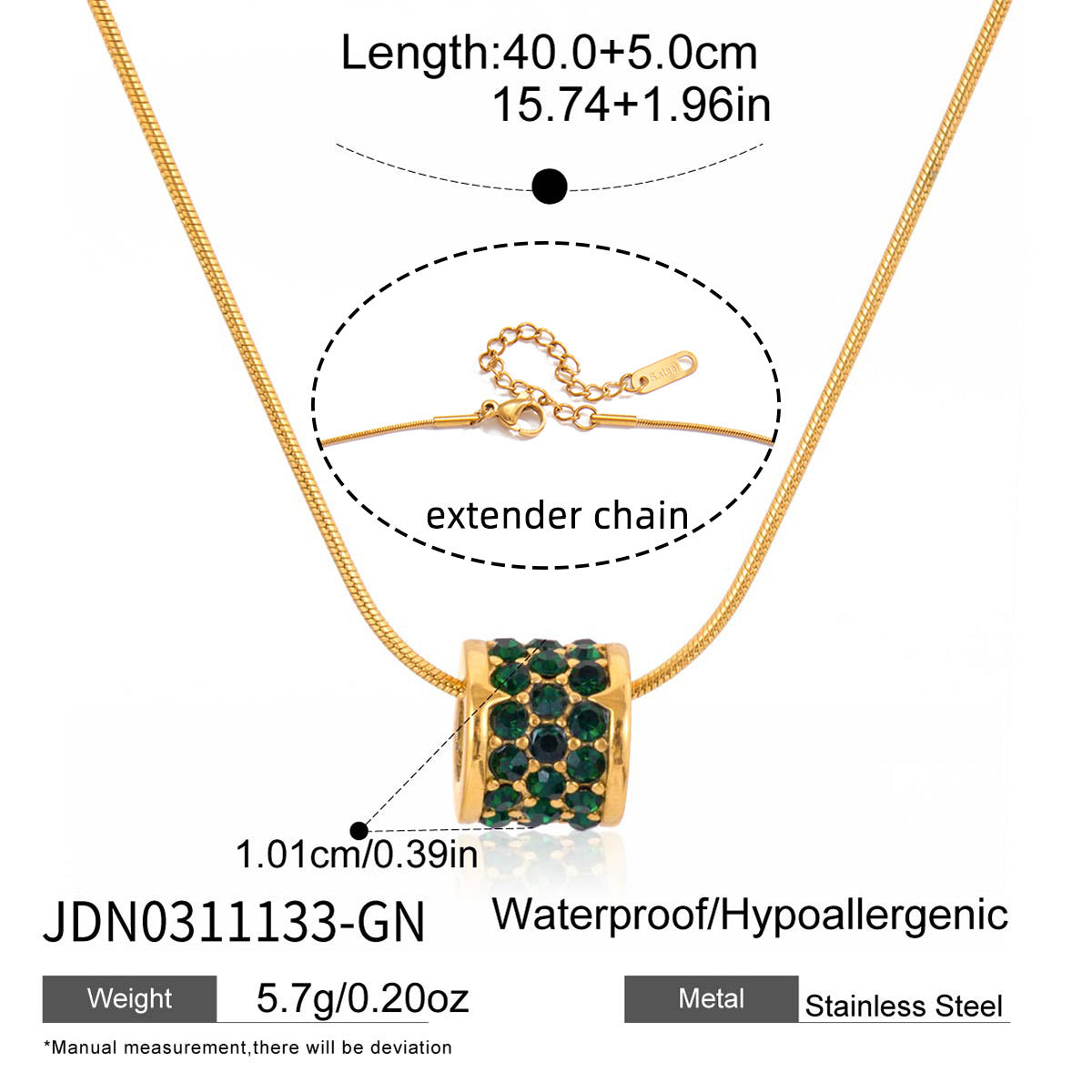 Rectangular green accent stainless steel pendant necklace with extender