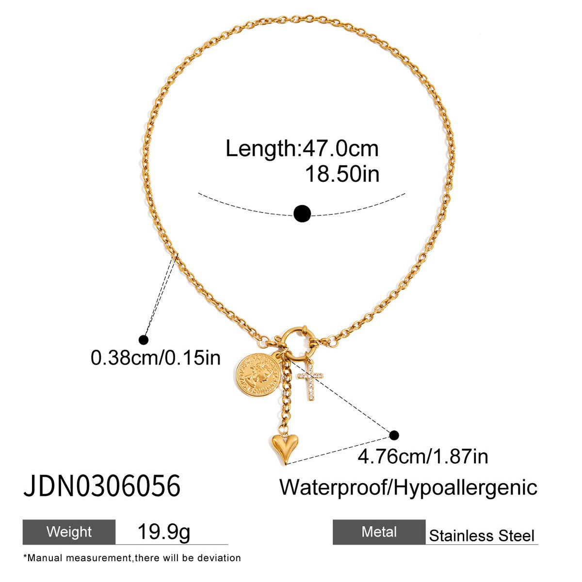 Coin and heart charm necklace dimensions