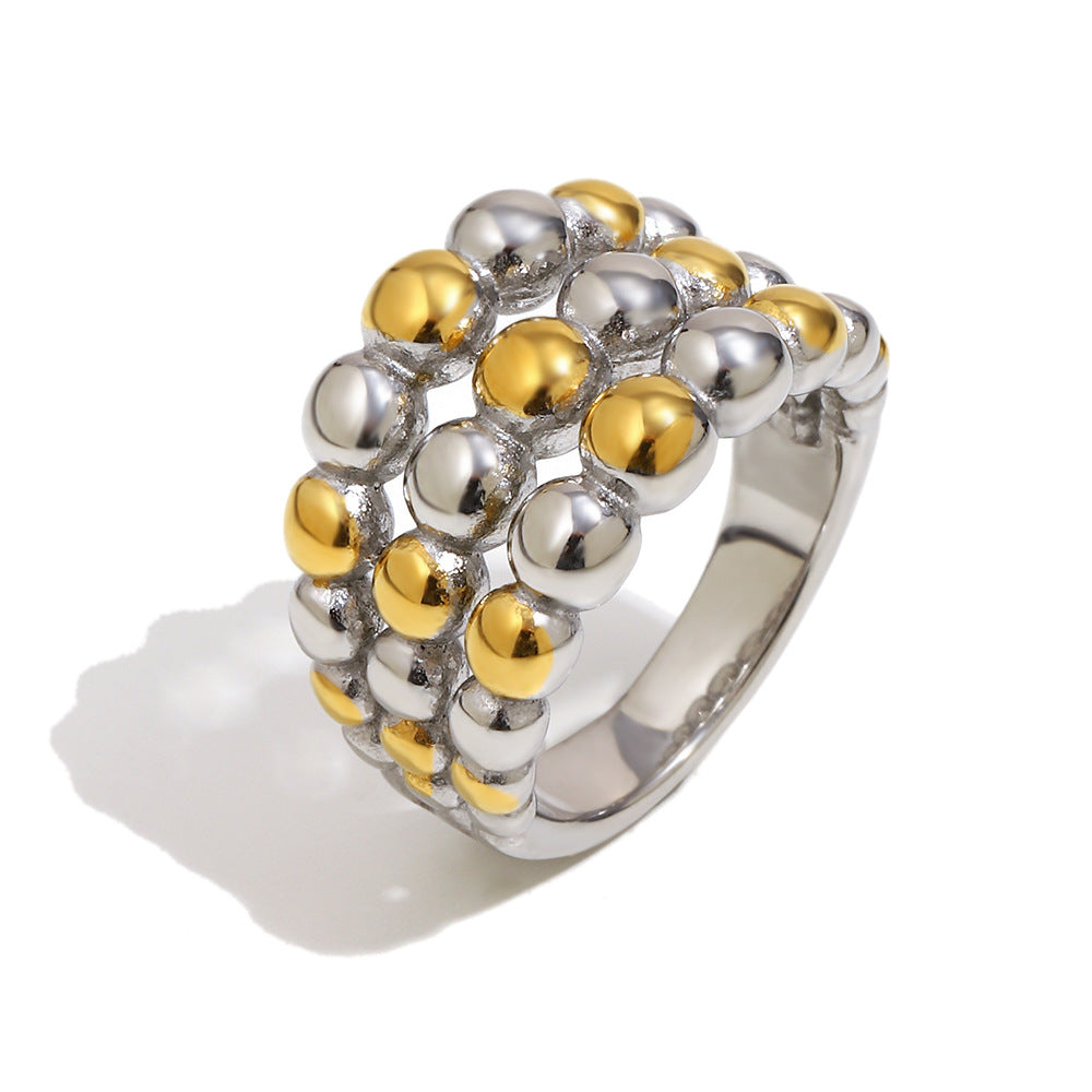 front cutout of two-tone triple-row polished bead ring