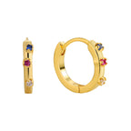 front and side views of gold plated three-stone huggie earrings