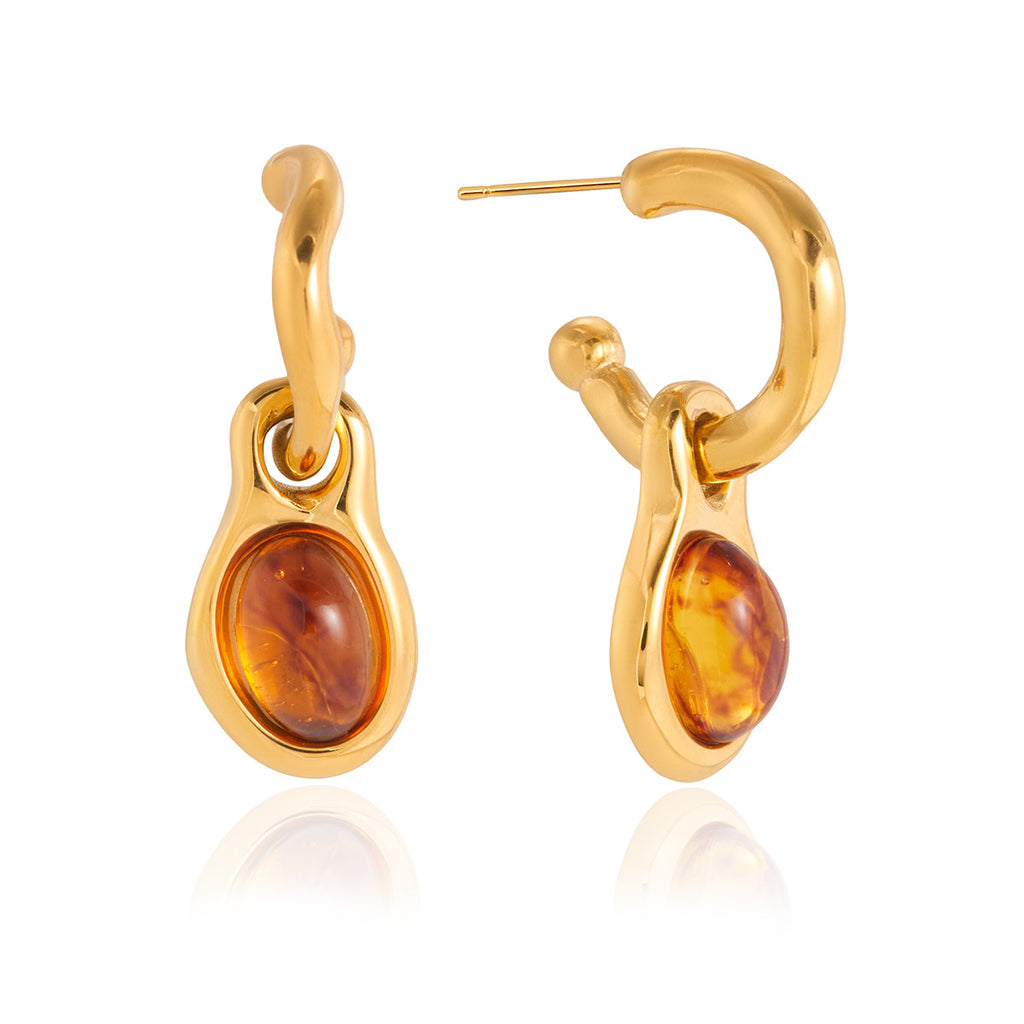front and side views of gold plated resin drop hoop earrings