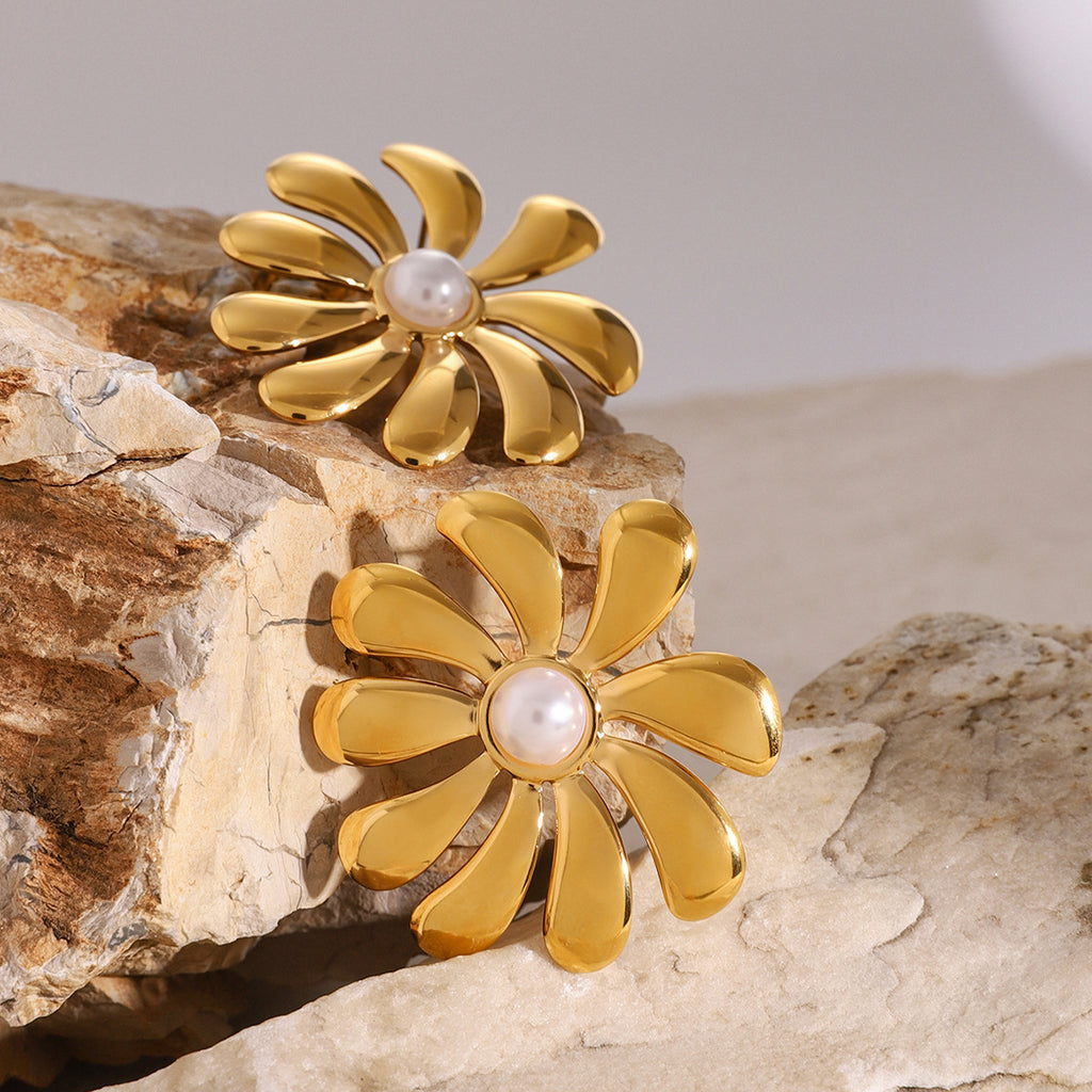 Gold Plated Stainless Steel Sculptural Flower Open Ring — detail view