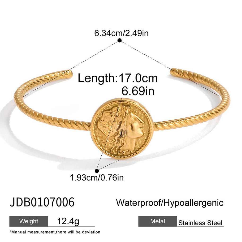 Gold Tone Coin Motif Stainless Steel Jewelry Collection — cuff and earring details