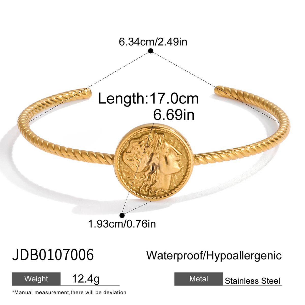 Gold Tone Coin Motif Stainless Steel Jewelry Collection — cuff and earring details