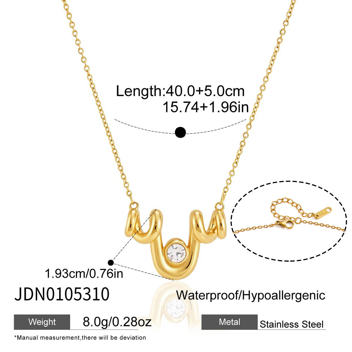 Wave pendant necklace dimensions and clasp reference