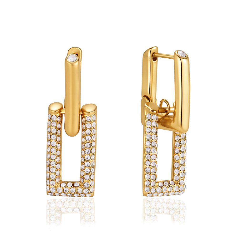 Gold tone rectangular rhinestone earrings front and side views