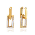 Gold tone rectangular rhinestone earrings front and side views