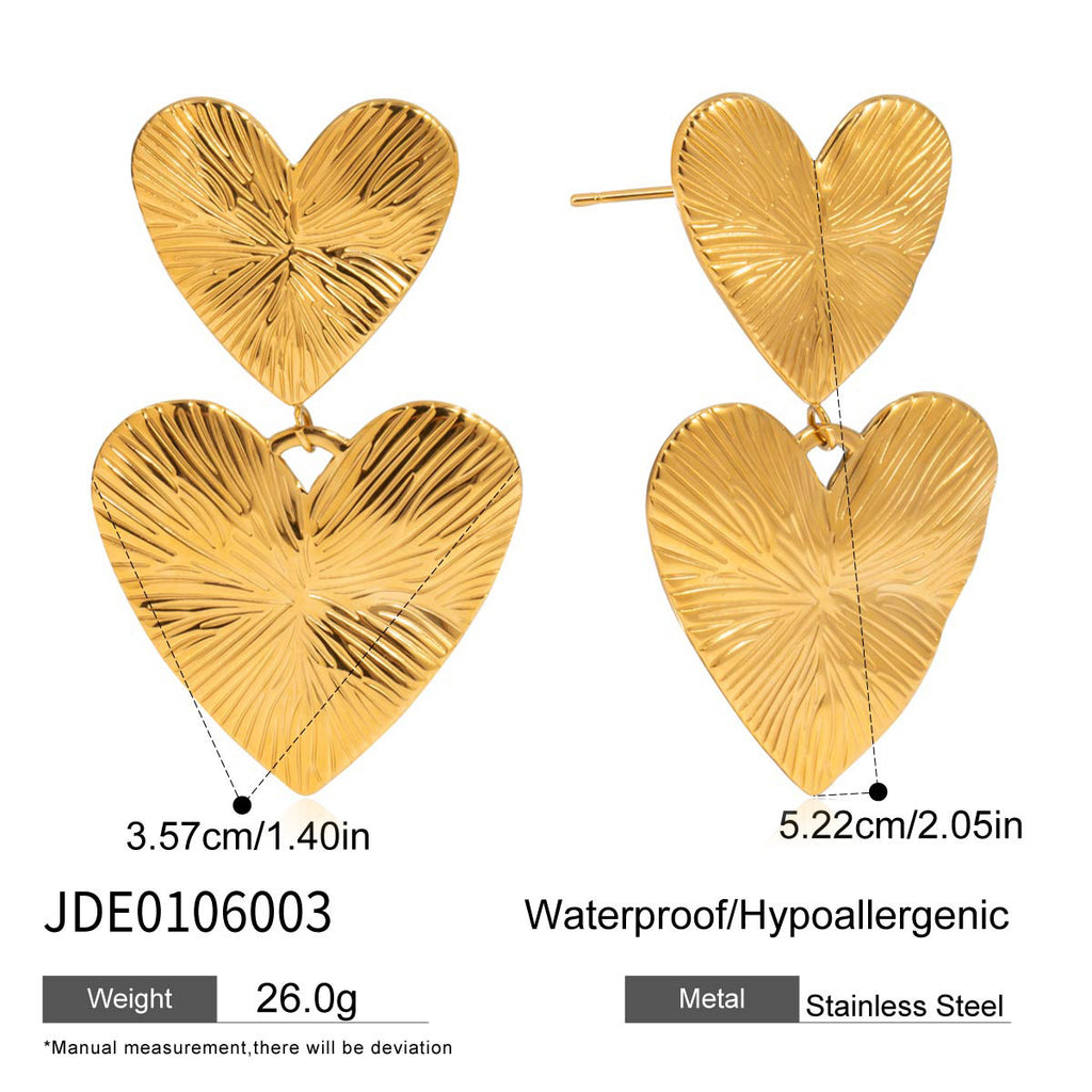 Wholesale Gold-Tone Stainless Steel Double Heart Drop Earrings - finish detail