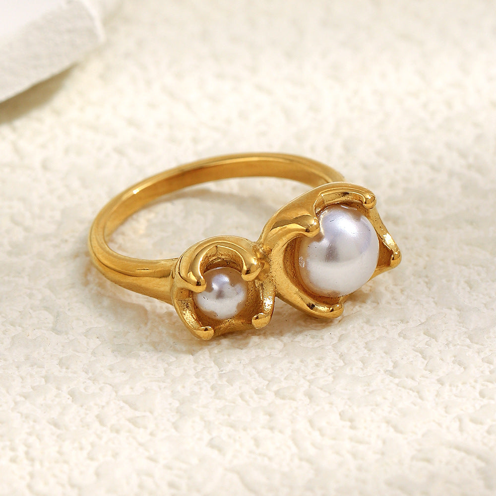 gold plated stainless steel ring with two imitation pearl buds