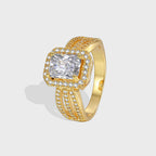 gold plated brass cocktail ring with square clear center stone