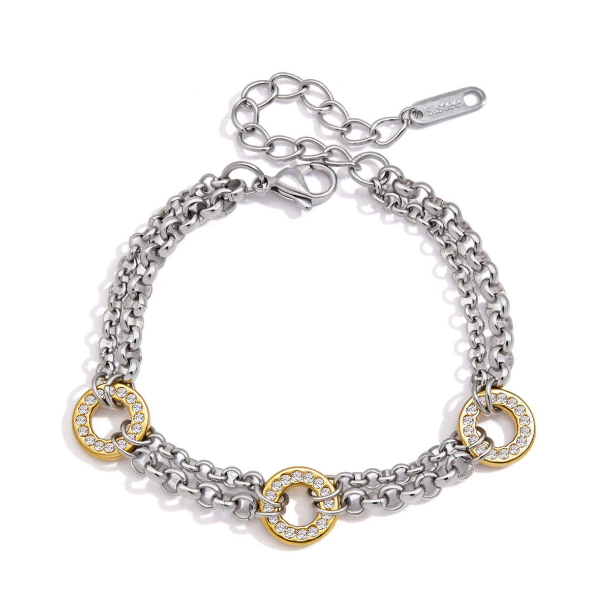 Full bracelet showing gold tone circles and lobster clasp