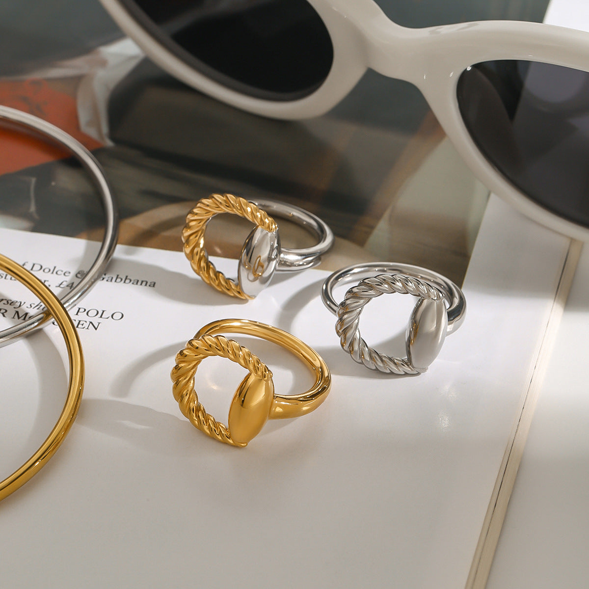 Two-Tone Textured Stainless Steel Band Ring – product view 3