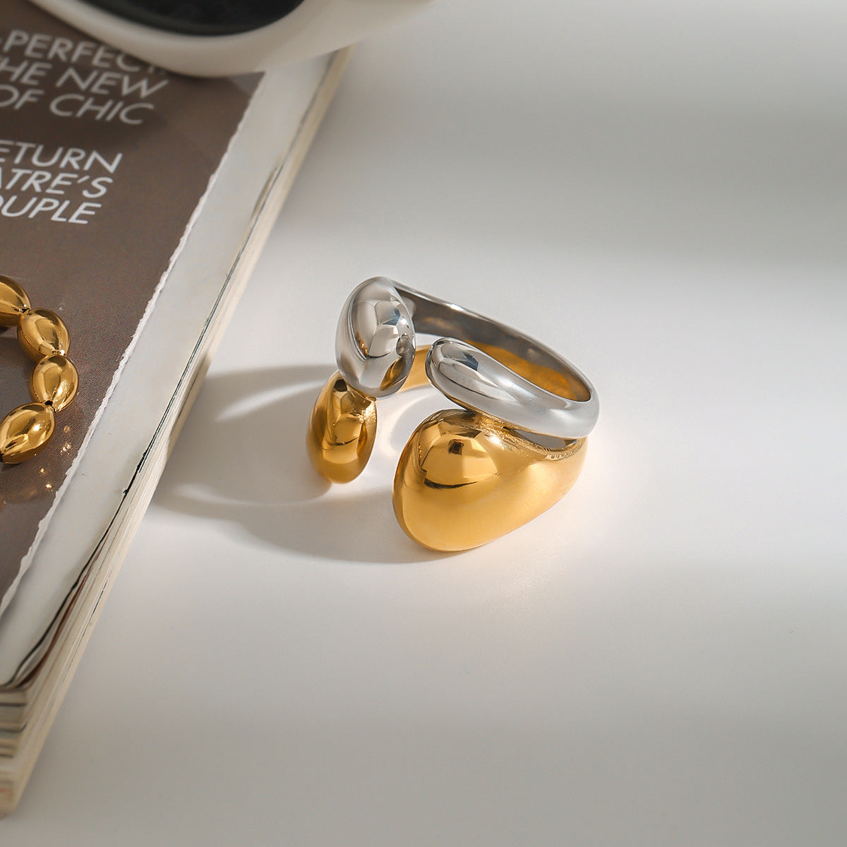 Two-Tone Stainless Steel Double-Dome Open Ring — detail view