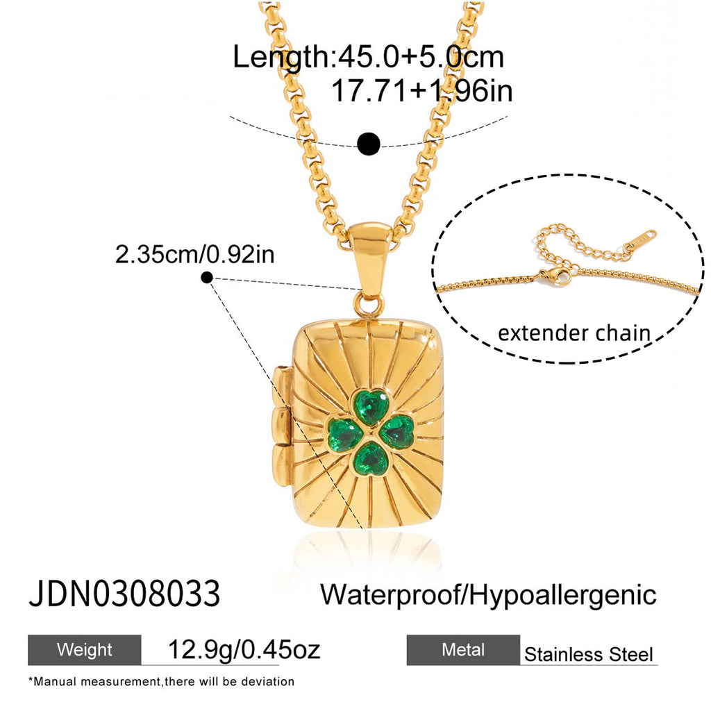 Rectangular floral motif pendant necklace with green accents