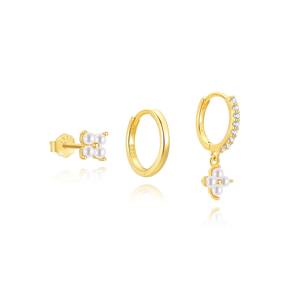 front view of floral bead stud and two gold plated hoops