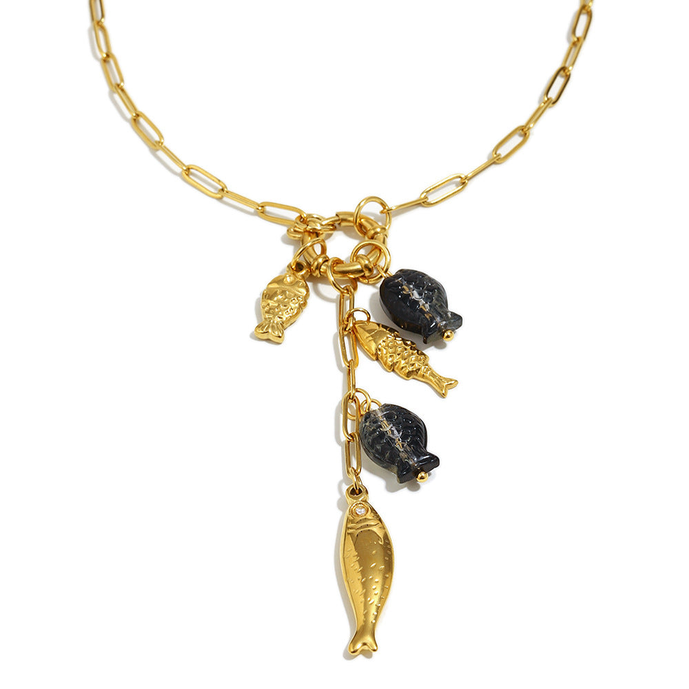 Gold Plated Stainless Steel Fish Pendant Paperclip Necklace — tassel detail
