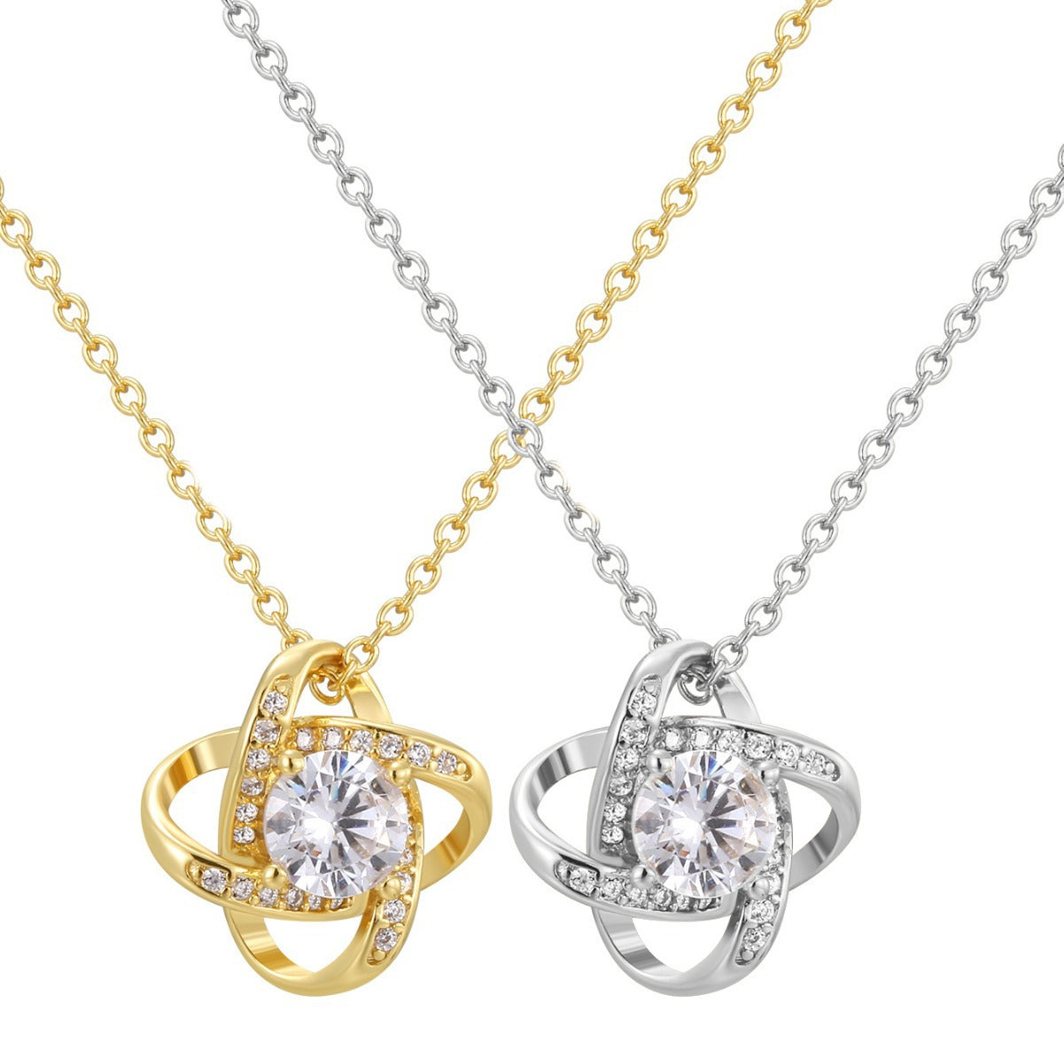 front view of gold and silver orbit clear stone pendant necklaces