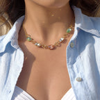 Pastel faceted stone link necklace shown at the collarbone