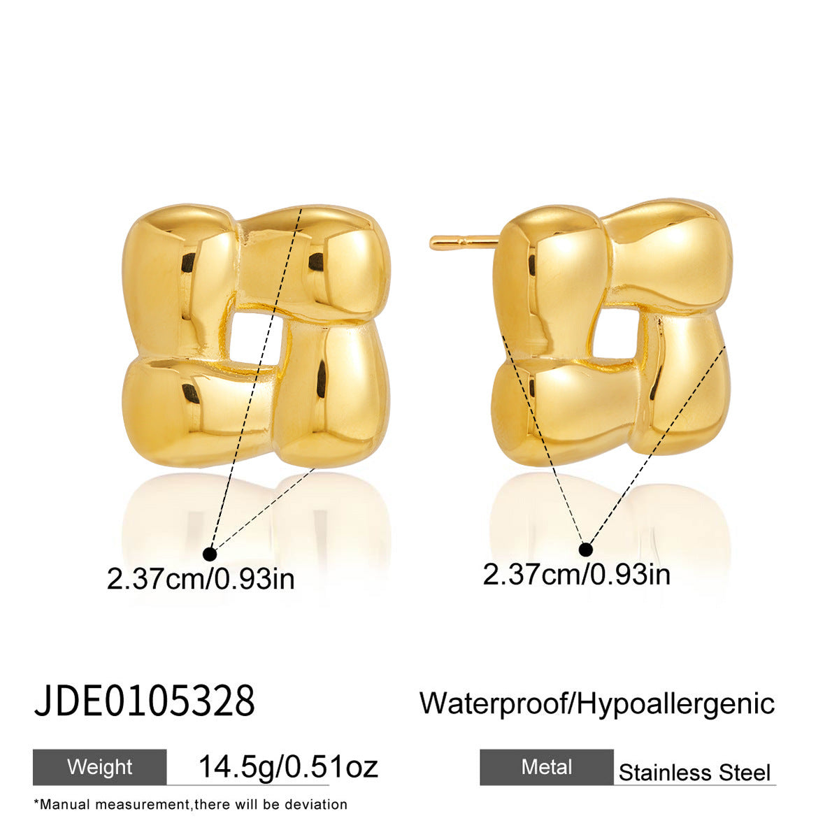 Gold tone square stud front and back with dimensions