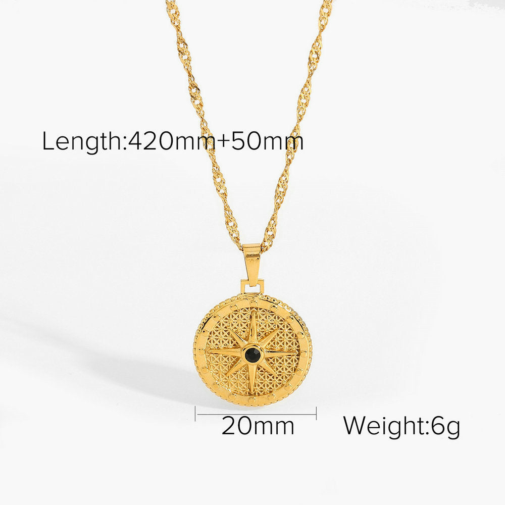 Star-pattern round pendant with chain length and size labels